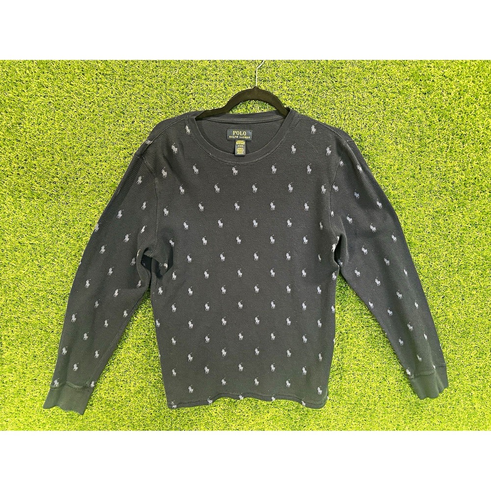 Polo Ralph Lauren Mens Blue Waffle Knit Thermal Crew Neck Pony Logo Pullover M